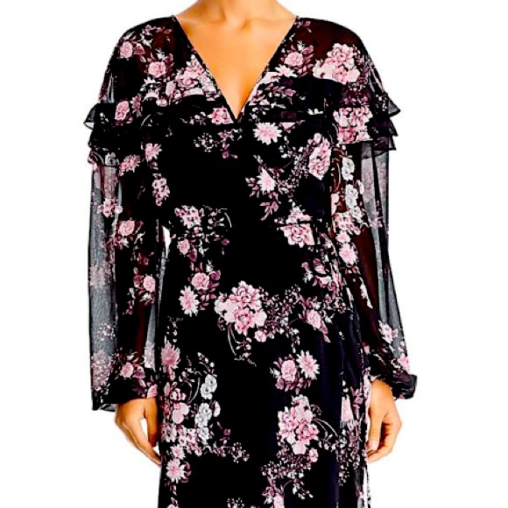 NWT WAYF black floral pink flounce chiffon maxi wrap dress - Picture 2 of 14